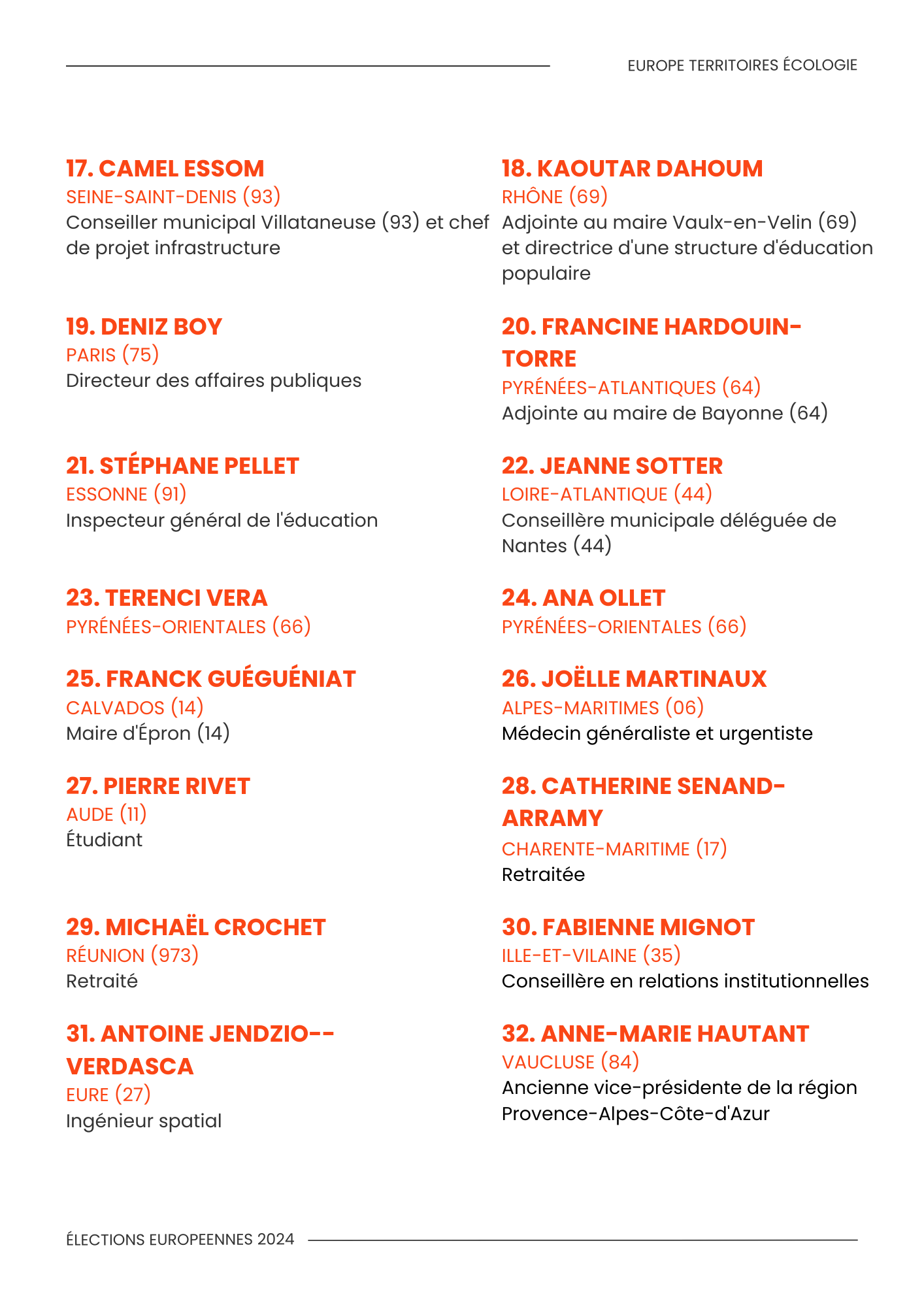 Les candidats et candidates 17 à 32 de la liste Europe Territoires Ecologie
